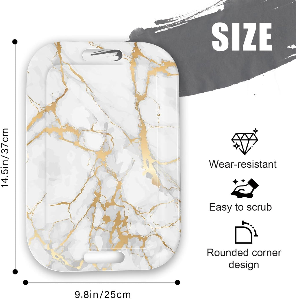 Serving Trays with Handles, 14.5 x 9.8 inch Rectangular Plastic Tray for Restaurant, Kitchen, Golden White Marble