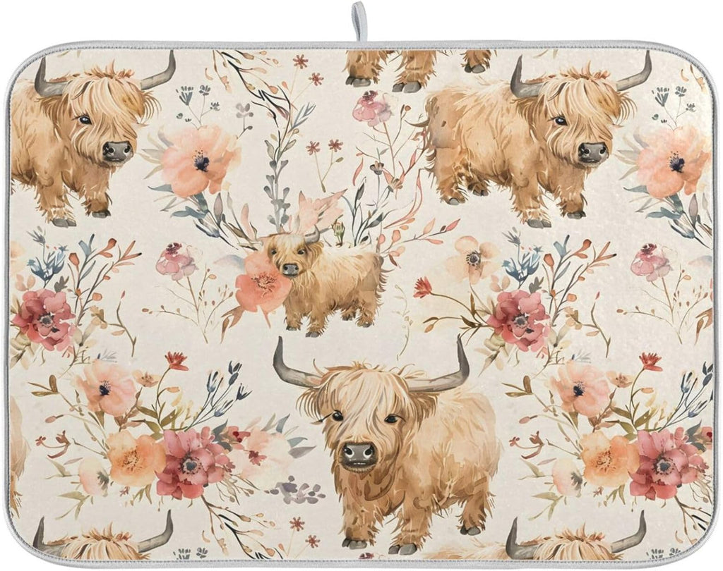 Cute Highland Cows Flowers Dish Drying Mat for Kitchen Counter Absorbent Microfiber Drying Pad, Medium 16x18 in, Reversible Drainer Mats