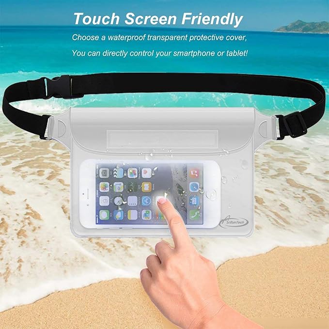 AiRunTech Waterproof Pouch with Waist Strap (2 Pack) | Beach Accessories Best Way to Keep Your Phone and Valuables Safe and Dry | Perfect for Boating Swimming Snorkeling Kayaking Beach Pool Water Park