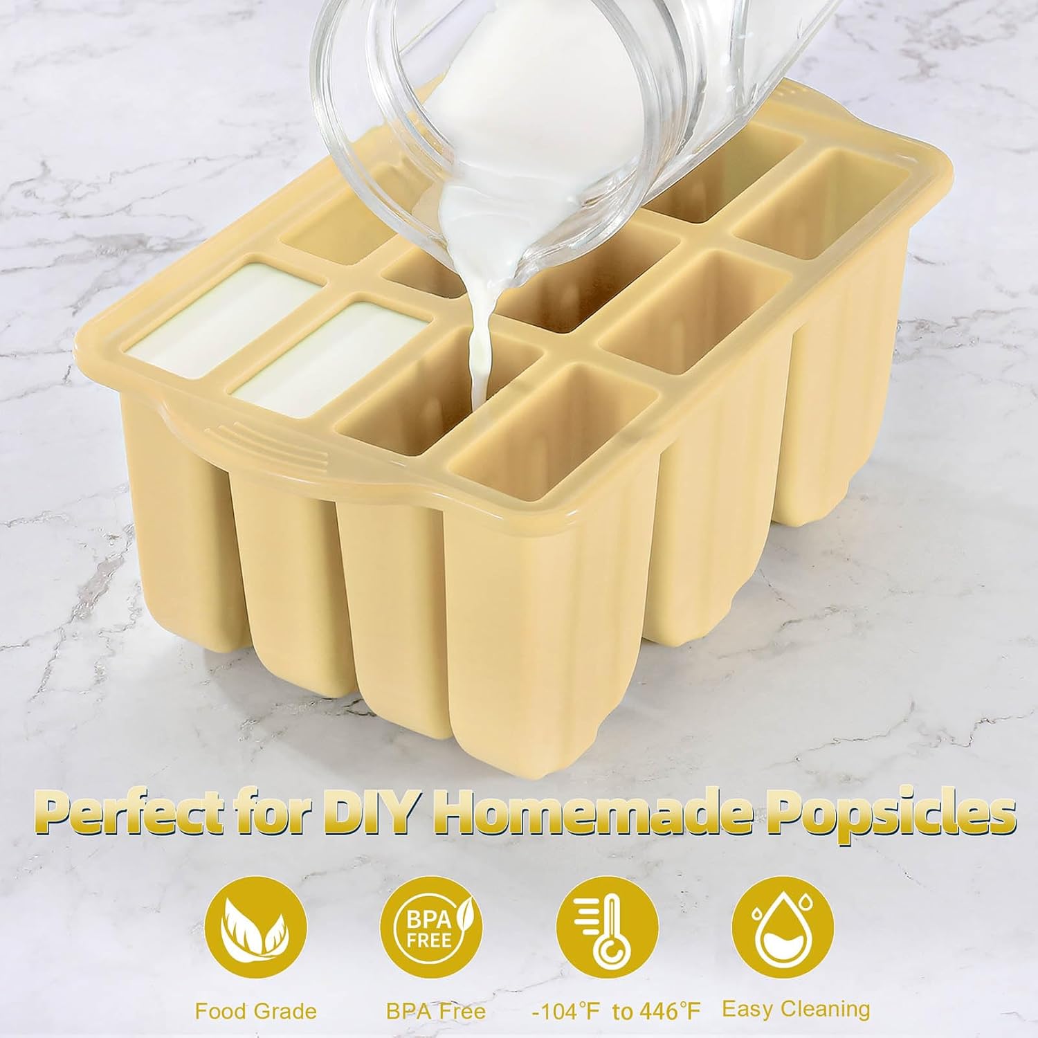 Silicone Popsicles Molds,Ice Pop Cream Mold Set Homemade Toddler Popsicle Maker For Kids Para Paletas De Helado Kulfi BPA Free, with 50 Sticks, 50 Bags,50 wire Ties (Yellow)