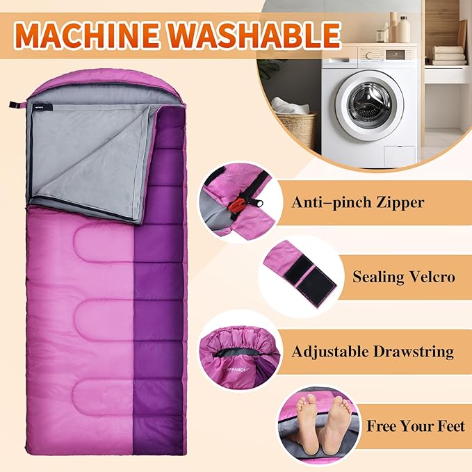 XL 10 Degree Sleeping Bags Waterproof for Adults 350GSM Machine Washable with Compression Sack for 3-4 Season Camping Outdoor