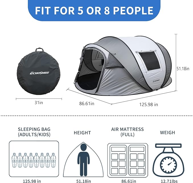 EchoSmile Camping Instant Pop Up Tent, 2/4/6/8/10 Person, Water Resistant Dome, Easy Setup for Camping Hiking and Outdoor, Portable with Carry Bag, 3 Season