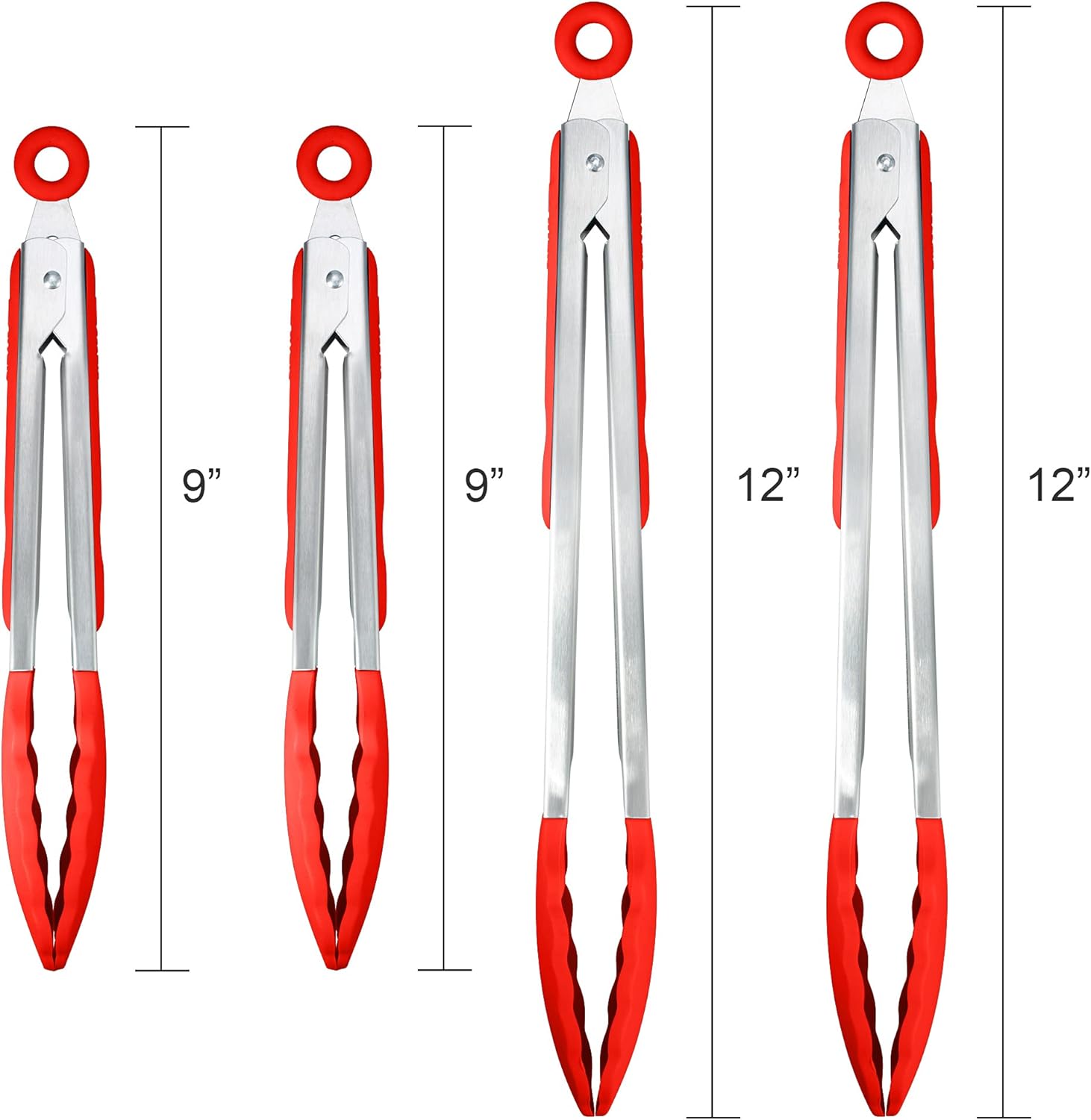 4 Pack Red Kitchen Tongs, Premium Silicone BPA Free Non-Stick Stainless Steel BBQ Cooking Grilling Locking Food Tongs, 9-Inch & 12-Inch