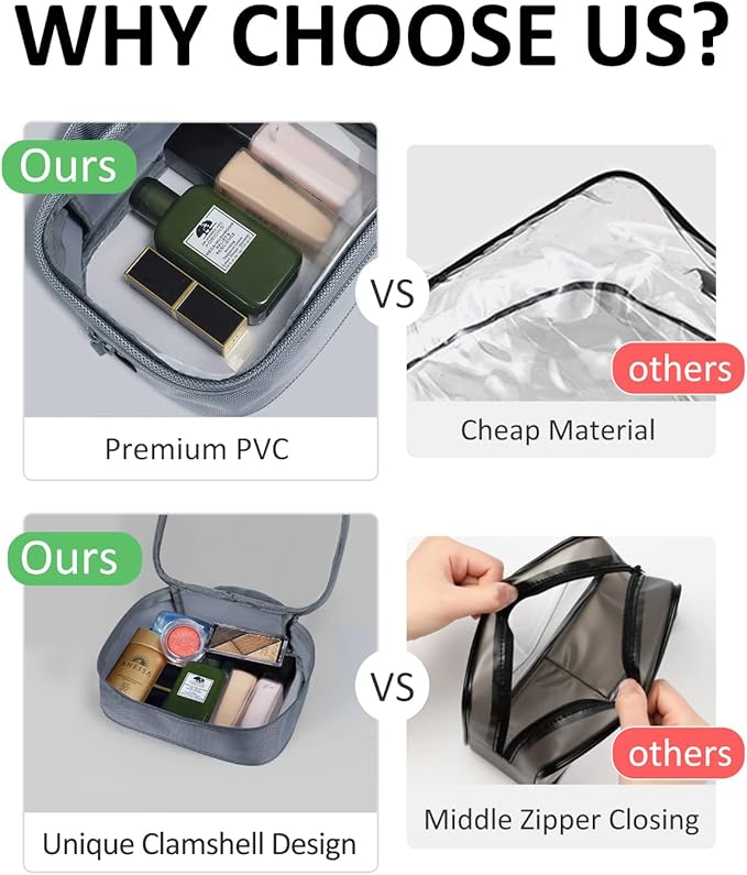 Moyad TSA Approved Clear Toiletry Bag with Handle, 3 Pack Quart Size 3-1-1 Liquids Pouch for Travel, Transparent Makeup & Cosmetic Organizer for Women Men, Grey