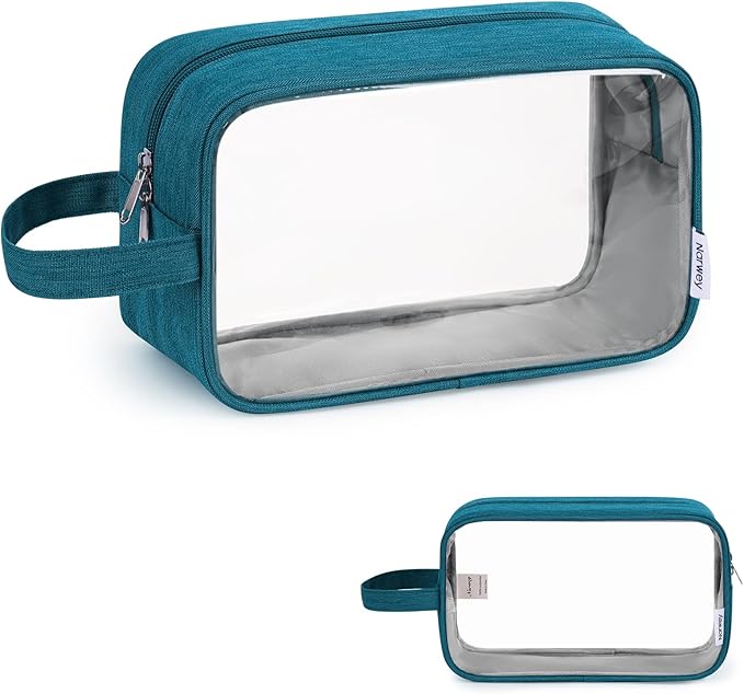 Narwey Clear Travel Toiletry Bags for Traveling Toiletries Men Women, Clear Makeup Bag Cosmetic Bag with Zipper, Make Up Pouch Organizer Bags with Handle, Skincare Bag (Teal)