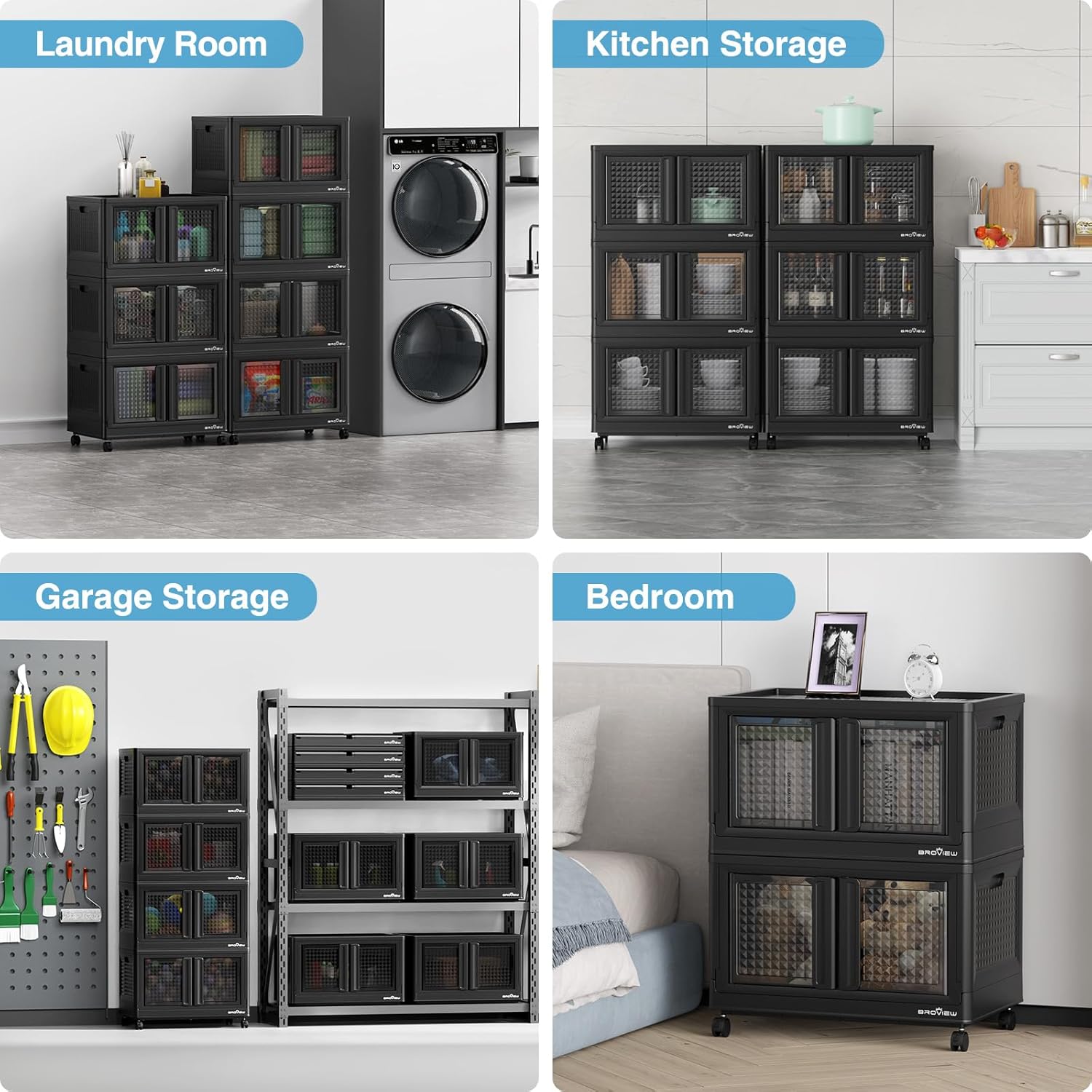 100Qt Stackable Storage Bins with Lids, 25Gal Closet Organizers and Storage Drawer, Plastic Collapsible Storage Bins with Doors, Heavy-Duty Store Box Cabinet for Home Office, 1Pack Black