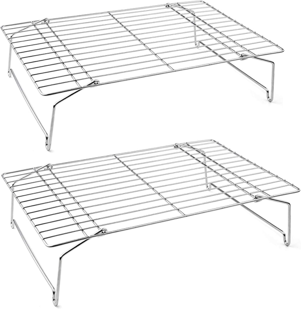 P&P CHEF Cooling Rack Set of 2, 2-Tier Stackable Stainless Steel Wire Racks for Baking Cooking Cooling Roasting, Collapsible & Heavy Duty, Oven Safe & Easy Clean, 15" x 10", Silver