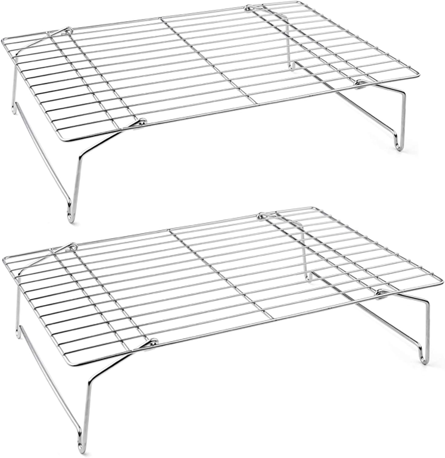 P&P CHEF Cooling Rack Set of 2, 2-Tier Stackable Stainless Steel Wire Racks for Baking Cooking Cooling Roasting, Collapsible & Heavy Duty, Oven Safe & Easy Clean, 15" x 10", Silver