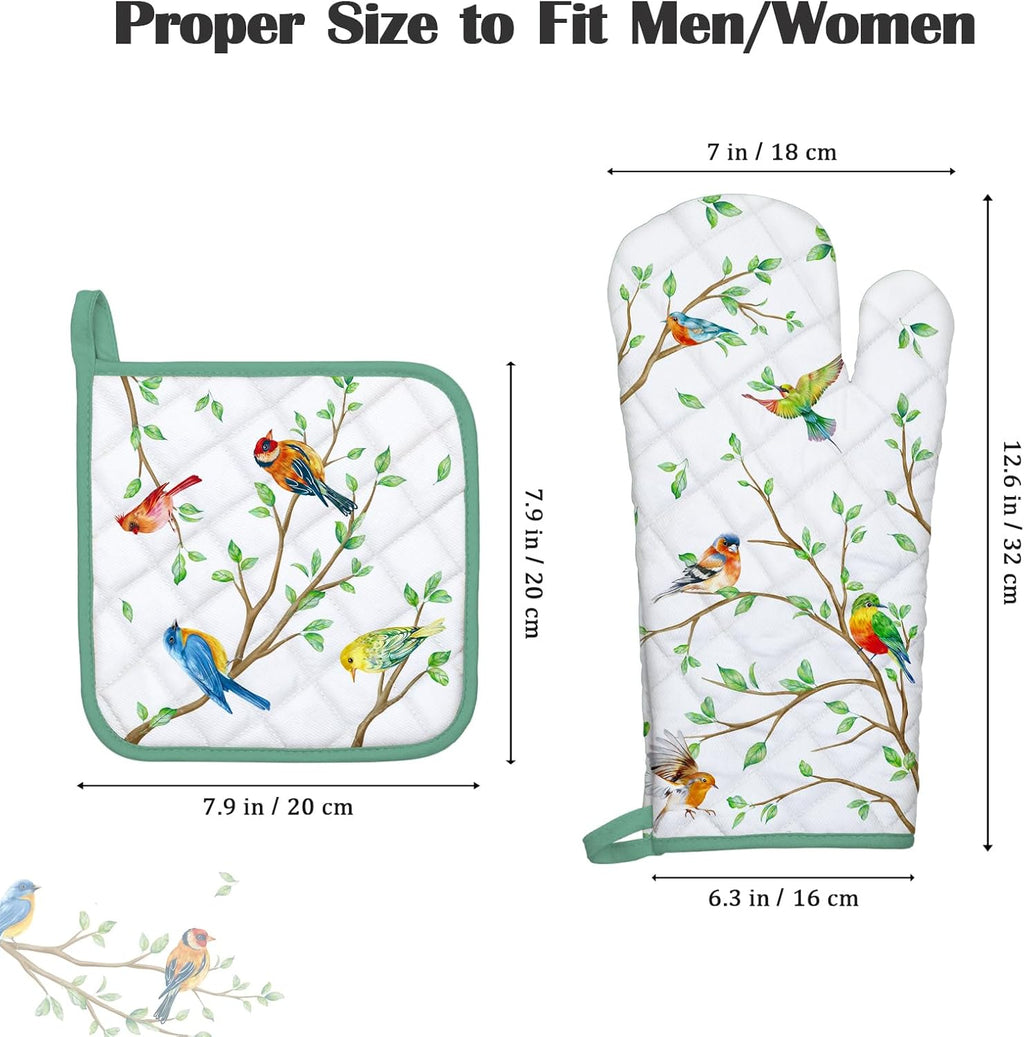 Bird Branch Oven Mitts and Pot Holders Sets 4Pcs, 100% Cotton Heat Resistant, Extra Long Oven Gloves Potholder for Kitchen Cooking Baking Housewarming