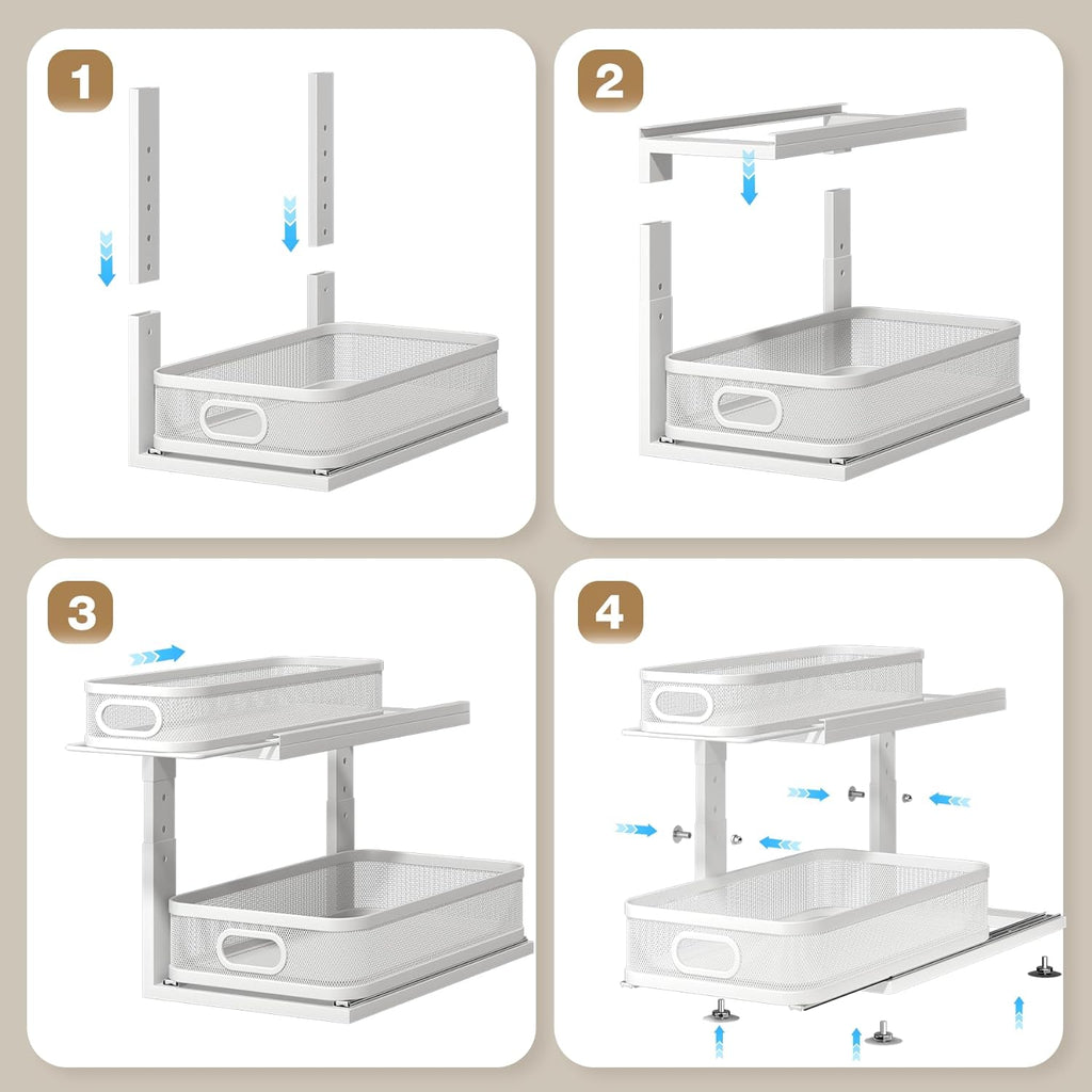 2 Pack 18.5IN-Depth Under Sink Organizer With Next-Gen Ball-Bearing Slides,2-Tier Precision Mesh Pull Out Cabinet Storage for Bathroom&Kitchen,Height Adjustable Drawers Shelf,Anti-rust-White