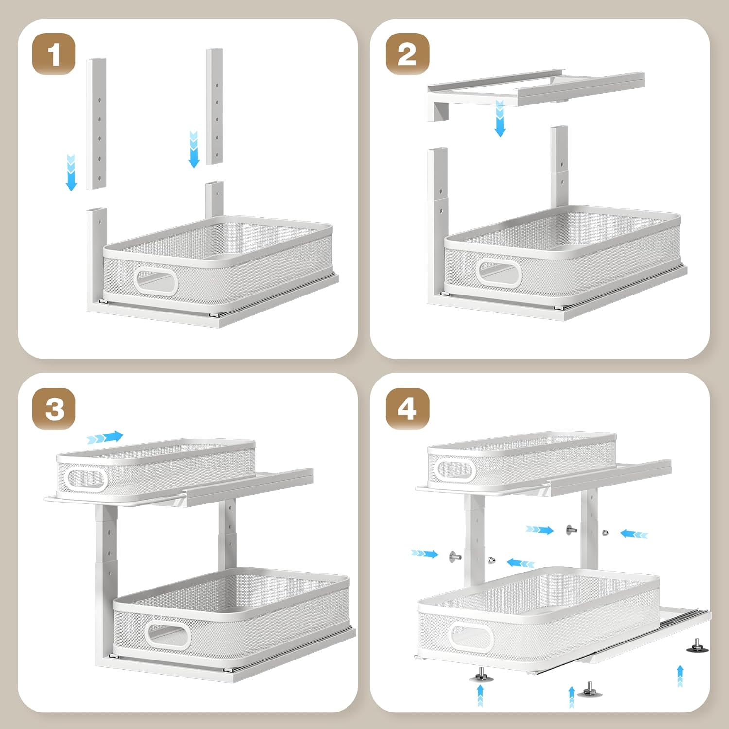 2 Pack 18.5IN-Depth Under Sink Organizer With Next-Gen Ball-Bearing Slides,2-Tier Precision Mesh Pull Out Cabinet Storage for Bathroom&Kitchen,Height Adjustable Drawers Shelf,Anti-rust-White