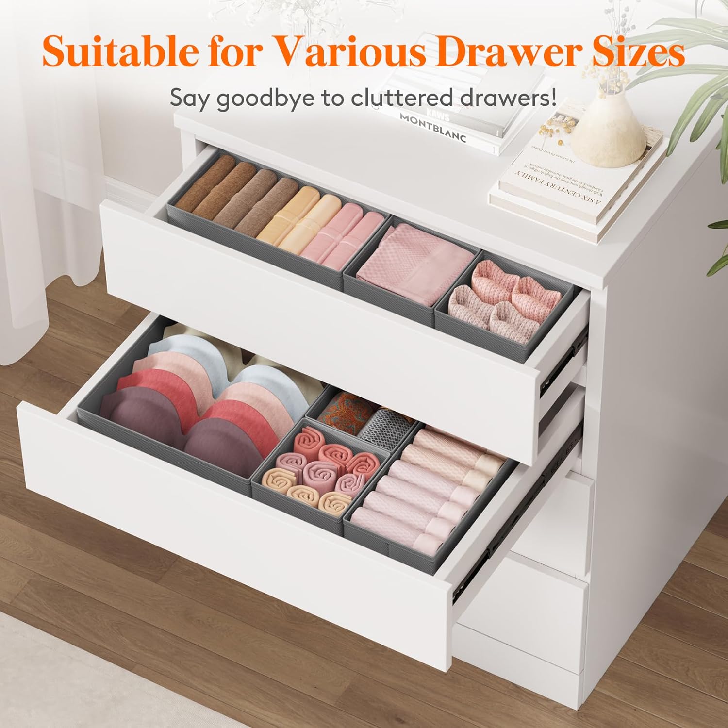 Lifewit Drawer Organizer Clothes for Closet 32 Pack, 3 Sizes Underwear Wardrobe Drawer Dividers, Fabric Foldable Dresser Storage Organizer Bins for Sock/Bra/Lingerie/Undies, Gray