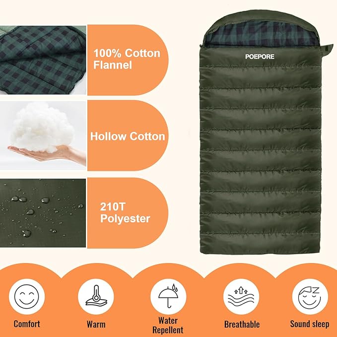 0 Degree Sleeping Bag 100% Cotton Flannel XXL Cold Weather Winter Oversized Sleeping Bag for Adults Camping Zero Degree Big and Tall with Compression Sack