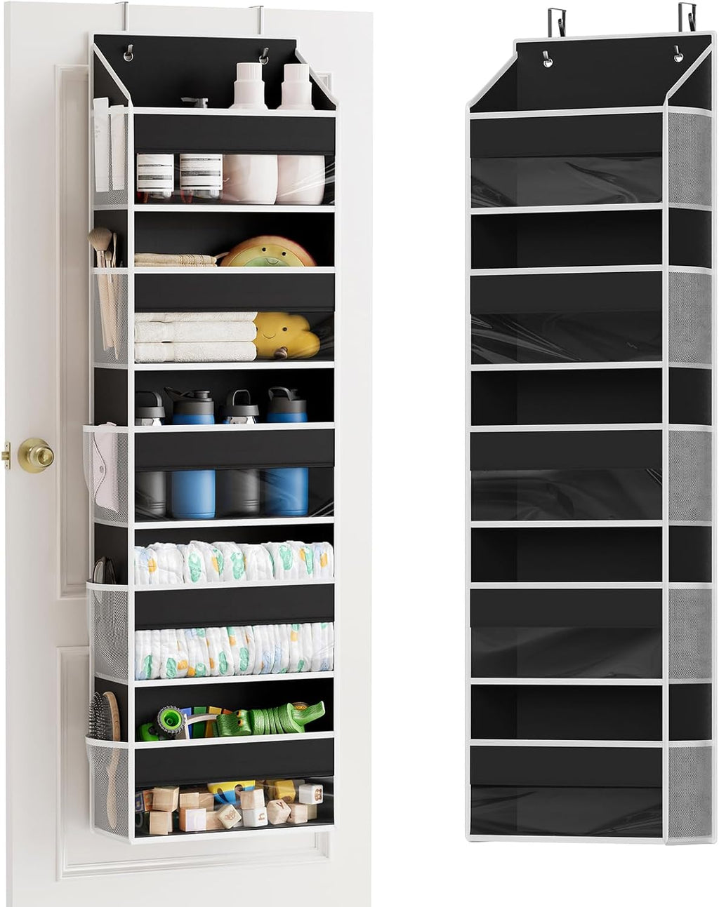 SpaceAid 1 Pack Over The Door Organizer with 5 Large Pockets and 10 Mesh Side Pockets, 5 Layers Door Organizer Hanging with Clear Window for Bedroom, Bathroom, Pantry and Nursery, Black