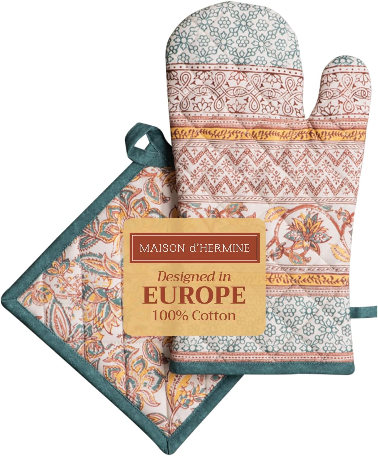 Maison d' Hermine 100% Cotton Oven Mitt & Pot Holder Set (7.5"x13" & 8"x8") Heat Resistant BBQ Cooking Gloves with Loop, Baking, Grilling, Kitchen, Handling Hot Pans (Nila)