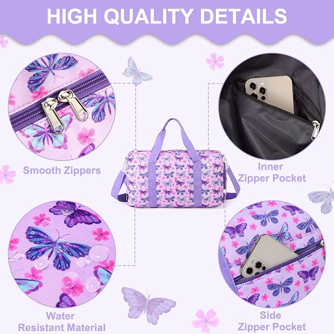 Girls Overnight Duffle Bag,RAVUO Cute Butterfly Kids Sport Gym Bag with Shoe Compartment, Carry On Weekender Travel Bag for Teens
