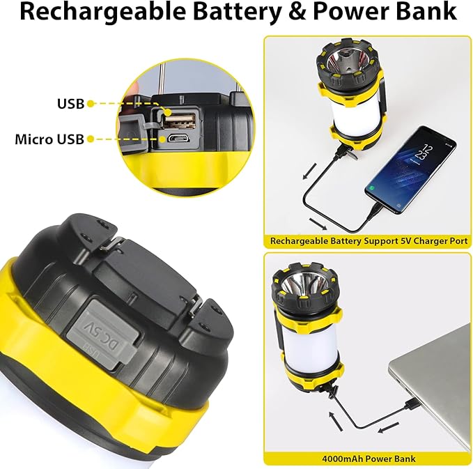 2 Pack Camping Lantern, Outdoor LED Camping Light, Rechargeable Flashlights with 1000LM, 6 Modes, 4000mAh Power Bank, IPX5 Waterproof Portable Emergency Camp Light for Hurricane Survival - Yellow