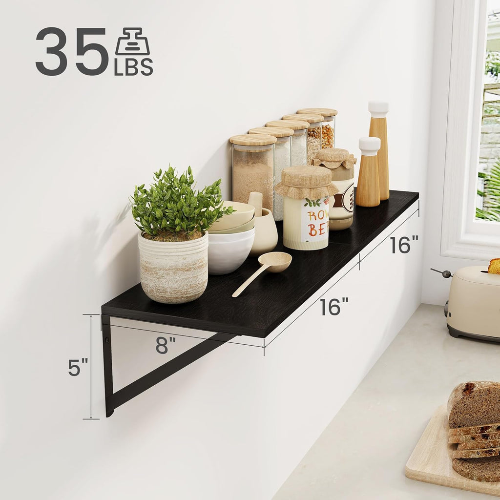 Heimlove Black Deep Floating Shelves for Wall, 16W x 8D Wood Wall Shelves Set of 2, Wide Floating Bookshelf for Living Room, Kitchen, Office, Bedroom and Decor Storage, with Metal Bracket - Black