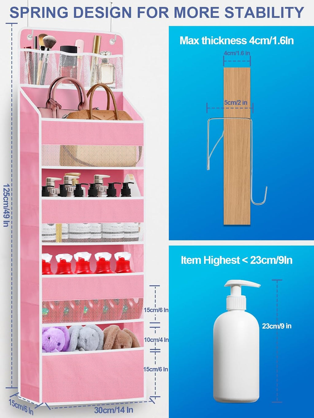 2 Pack Over The Door Organizer, Hanging Storage Organization with Large Capacity Pockets, Swing-Proof Behind Door Storage Shelf for Kicthen Bedroom Nursery Kids Toys Shoes,Pink