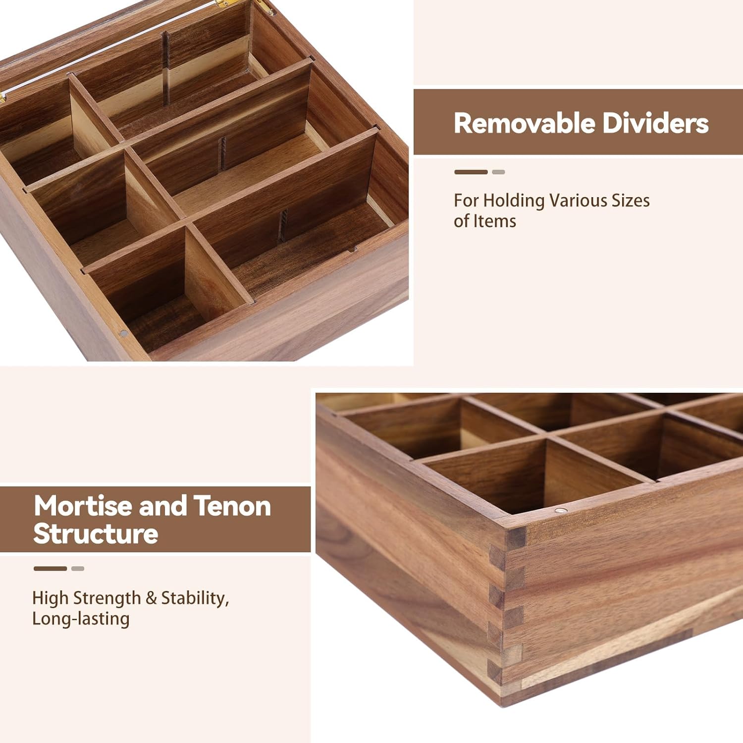 ANMINY Acacia Wood Tea Bag Organizer with Acrylic Clear Top, 10MM Thick Wooden Tea Storage Box with 9 Compartments, Teabag Holder Tea Caddy Chest for Countertop Kitchen Home Office