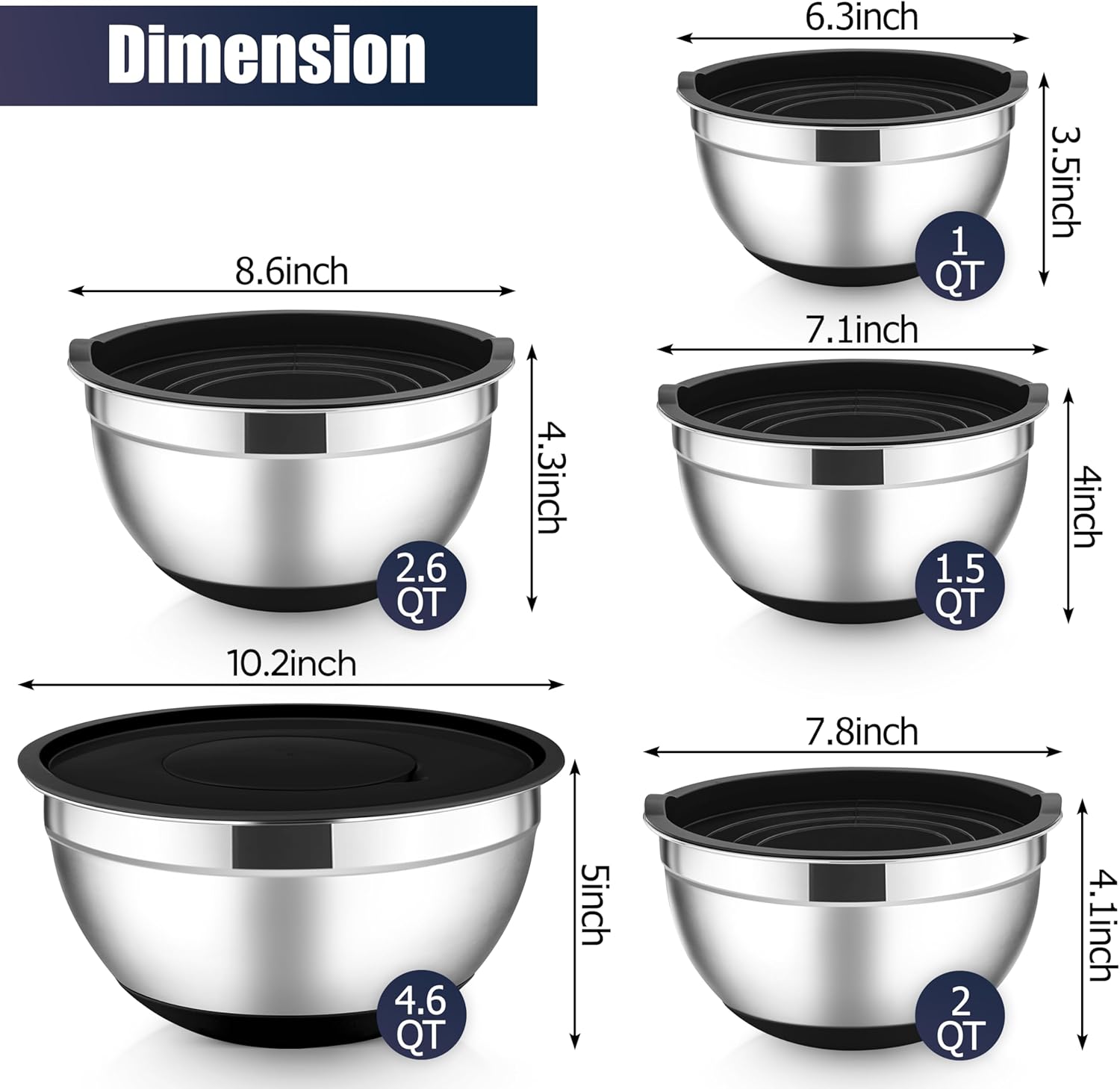 E-far Stainless Steel Mixing Bowls with Lids Set, 5-Piece Nesting Salad Bowls with 3 Grater Attachments and Non-Slip Bottoms, Size 4.6, 2.6, 2, 1.5, 1QT for Kitchen (Black)