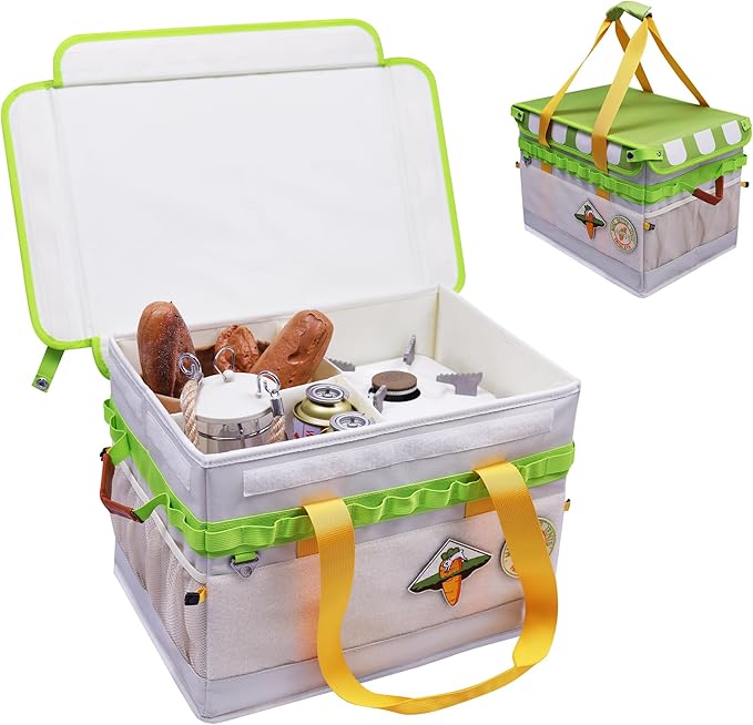 30L Camping Storage Bag with Lid, Carrot Orange Camping Organizer Containers, Picnic Basket Chuck Box Tactical Bag for Hiking Cookware Travel Car