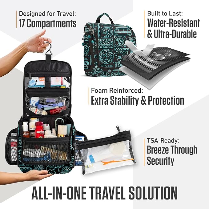 VENTURE 4TH Hanging Travel Toiletry Bag for Women & Men - Travel Organizer with Expandable Compartments & Removable Clear Pouch for Toiletries (Surfing Vibes)