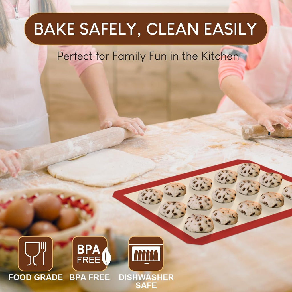 HOTEC Silicone Baking Mats 3 Pack – Non-Stick Reusable Silicone Baking Sheets for Oven – Cookie & Macaron Mats – 2 Half Sheet + 1 Quarter Sheet – BPA-Free, Dishwasher Safe