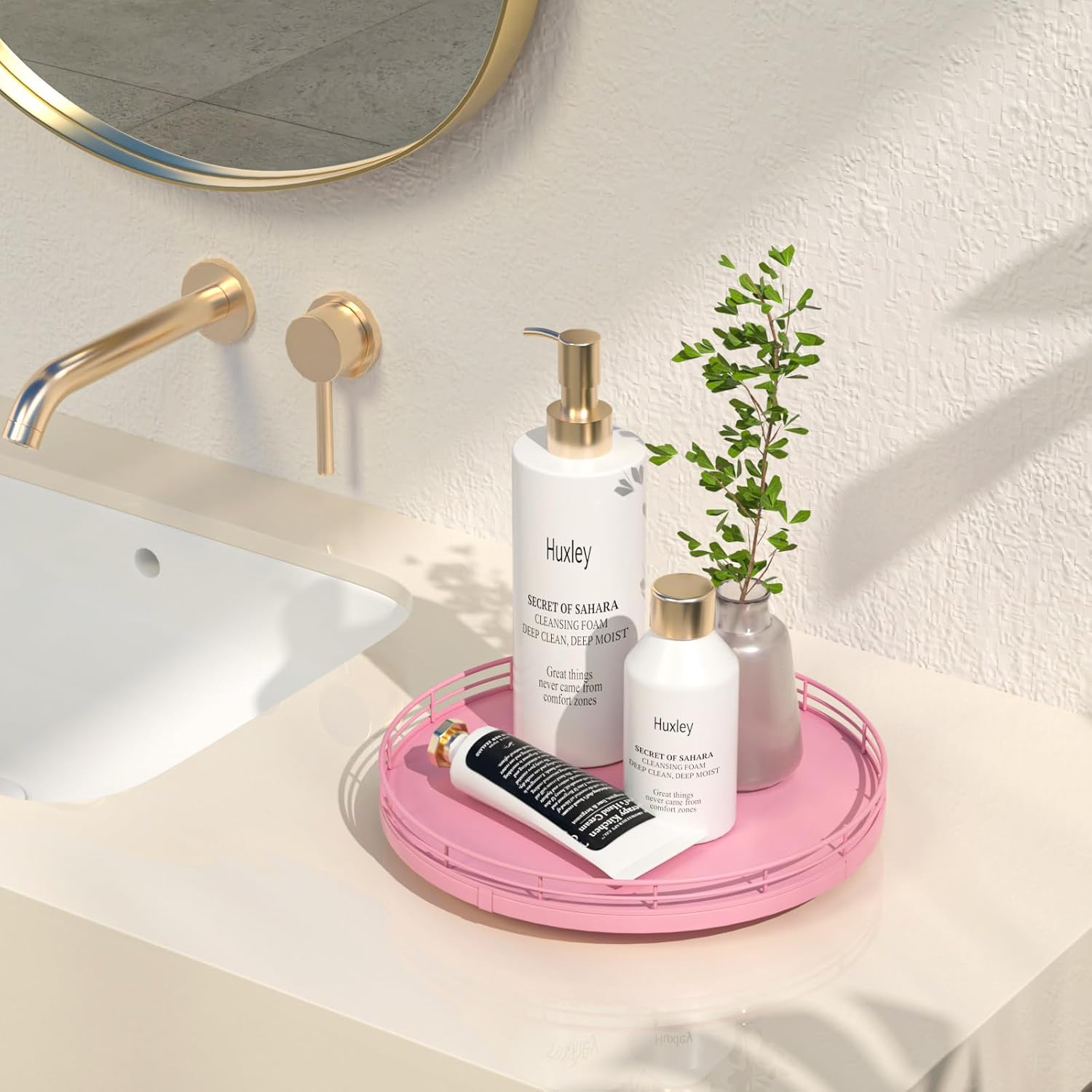 10" Oak Wood Bathroom Tray for Counter, Vanity Tray for Perfume Lotion Candle Makeup Jewelry Sink Soap Holder Turntable Dresser Organizer Countertop Coffee Table Decor Organization and Storage Pink