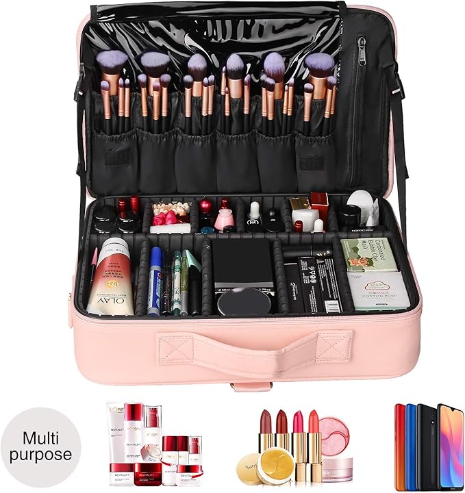 Relavel Travel Makeup Train Case Makeup Cosmetic Case Organizer Portable Artist Storage Bag with Adjustable Dividers for Cosmetics Makeup Brushes Toiletry Jewelry Digital Accessories
