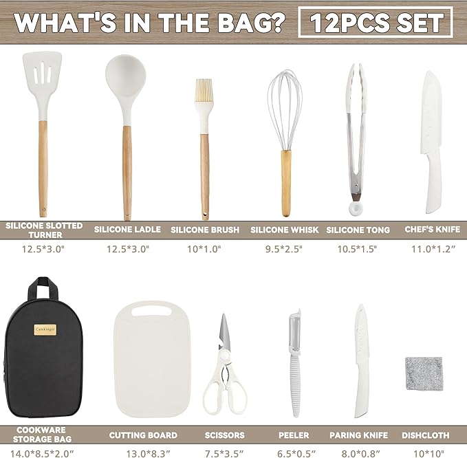 12PCS Camping Accessories Kitchen Cooking Utensils Set - Portable Outdoor Camp Cookware Set, Silicone Camper Essentials Gear Must Have Supplies for Travel RV BBQ Grill Picnic Hiking