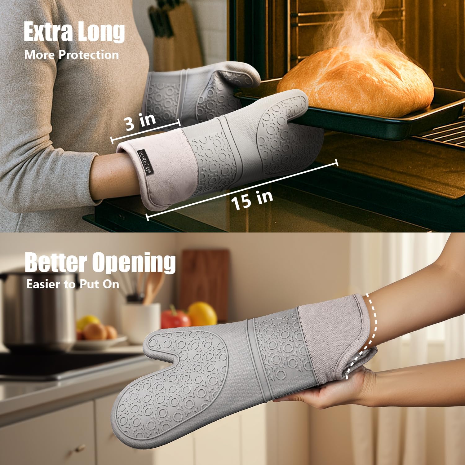 Rorecay 6pcs Oven Mitts and Pot Holders Sets for Kitchen, Extra Long Silicone Oven Gloves High Heat Resistant 500 Degrees Non-Slip Potholders Hot Pads for Baking Cooking, Grey