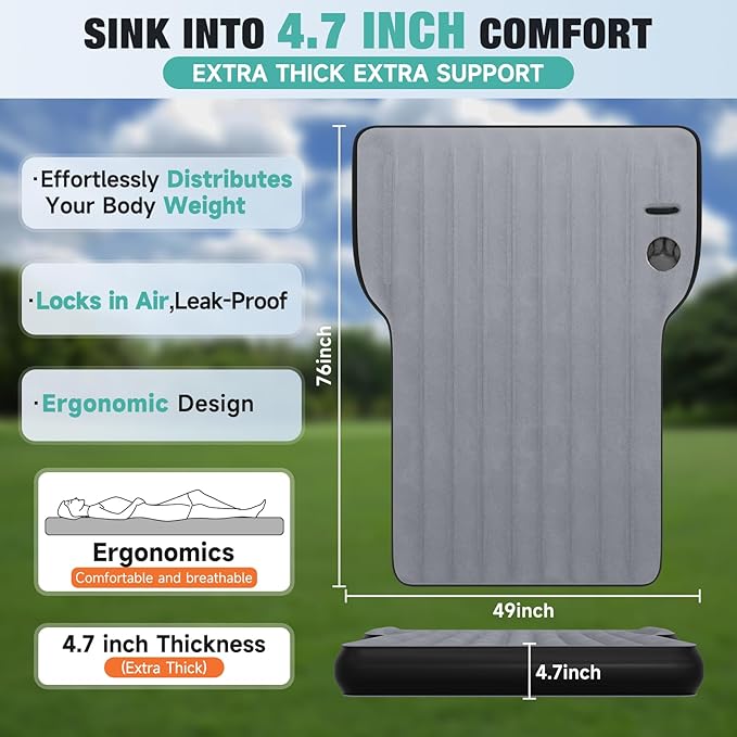 Model Y Mattress for Tesla, Inflatable SUV Mattress for Portable Camping Mattress Foldable Air Mattress with Air Pump and Storage Bag for Tesla Model Y and SUV Travel, Grey