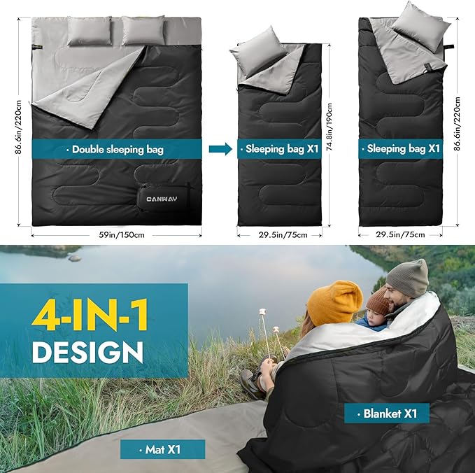 CANWAY Double Sleeping Bag Flannel for Adults Cold Weather Queen Size Two Person Sleeping Bags for Camping with 2 Pillows