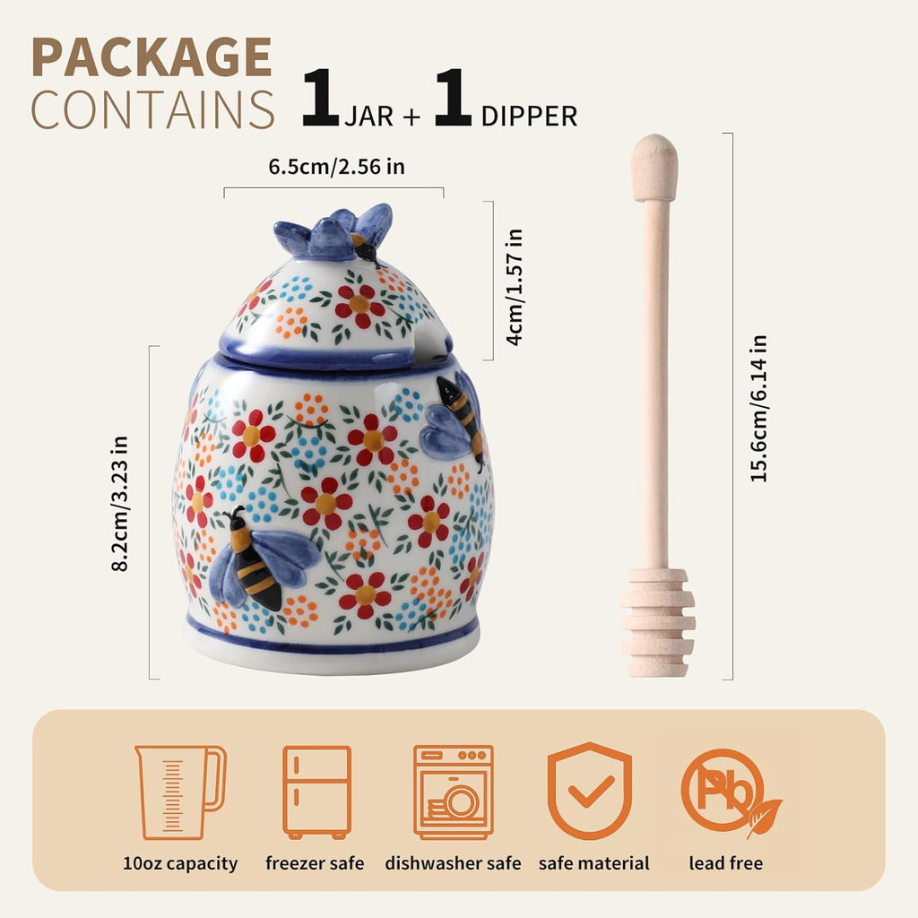 ZOOBEE 10oz Honey Jar with Dipper and Lid Farmhouse Style,Ceramic Honey Dispenser No Drip,Handpainted Honey Pot with Bees,Easily Wash-Spring Delight
