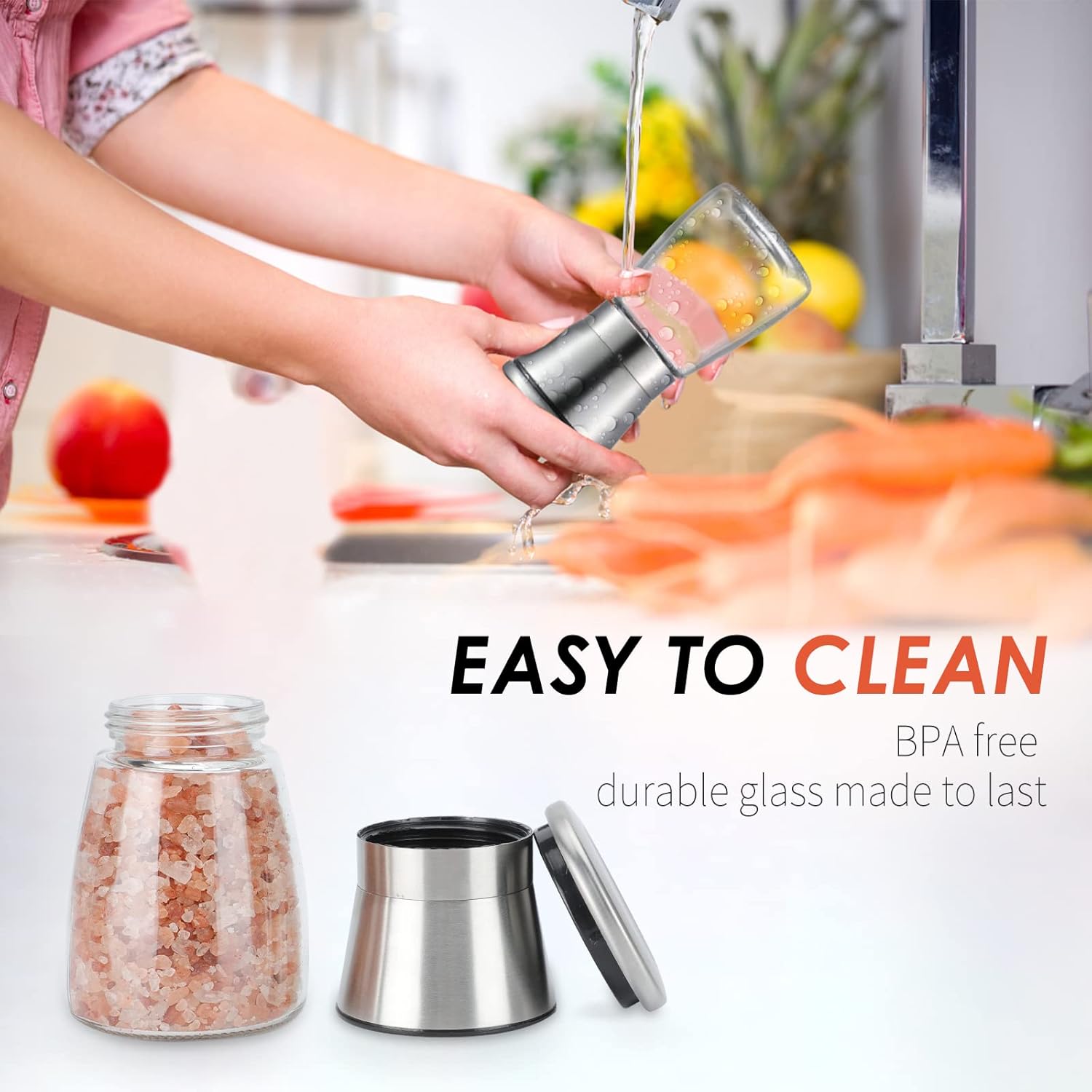 Salt and Pepper Grinder Set - Refillable Grinder Adjustable Coarseness of Pepper Salt Spice Stainless Steel Mills Glass 6oz（2 Pack）