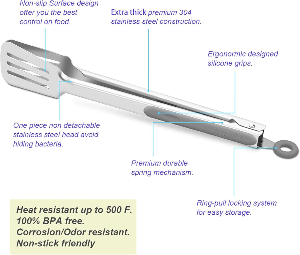 Premium 304 Stainless Steel Barbecue Turners, Heavy Duty Non-Stick BBQ Cooking Kitchen Tongs, 9" and 12" Grey