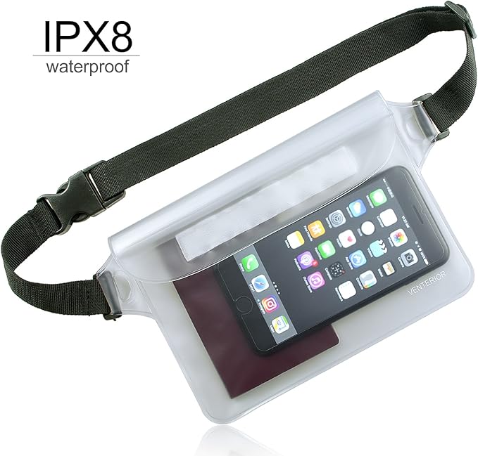 Waterproof Waist Pouch 2-Pack | Beach Accessories Fanny Pack for Swimming Snorkeling Sailing Kayaking Beach Pool Water Parks | Keep Your Phone Wallet Safe and Dry (White & Black)