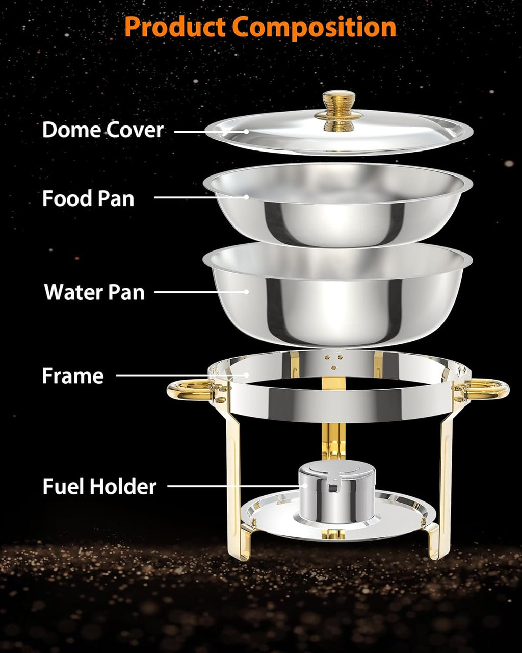 5QT 6 Packs Chafing Dish Buffet Set, NSF Round Stainless Steel Chafers and Warmers Food Servers Sets with Lid & Lid Holder, Spoon & Tweezer for Catering Events Parties Weddings Dinners, Gold