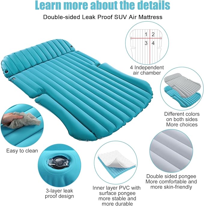 KMZ SUV Air Mattress Double-Sided Car Mattress Camping Bed Inflatable Bed with Electric Pump for SUV Trunk and Rear Seat - Gray and Blue (Without Pillows)