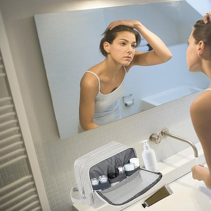 Toiletry Bag for Men Hanging Dopp Kit Water Resistant Shaving Bag Small Toiletry Bag for Traveling (Denim Pure Beige)