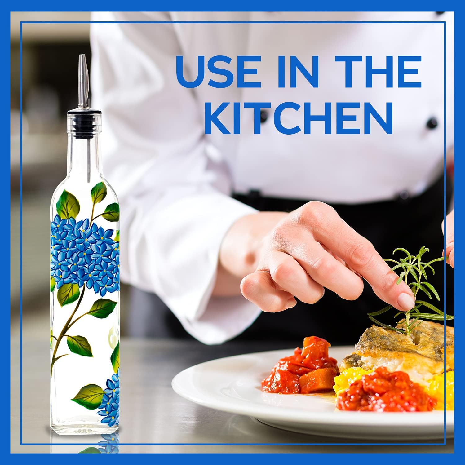 17oz Hand Painted Glass Olive Oil Bottle Dispenser - 500ml Green Oil & Vinegar Cruet with Pourers - Olive Oil Carafe Decanter for Kitchen (hydrangea)