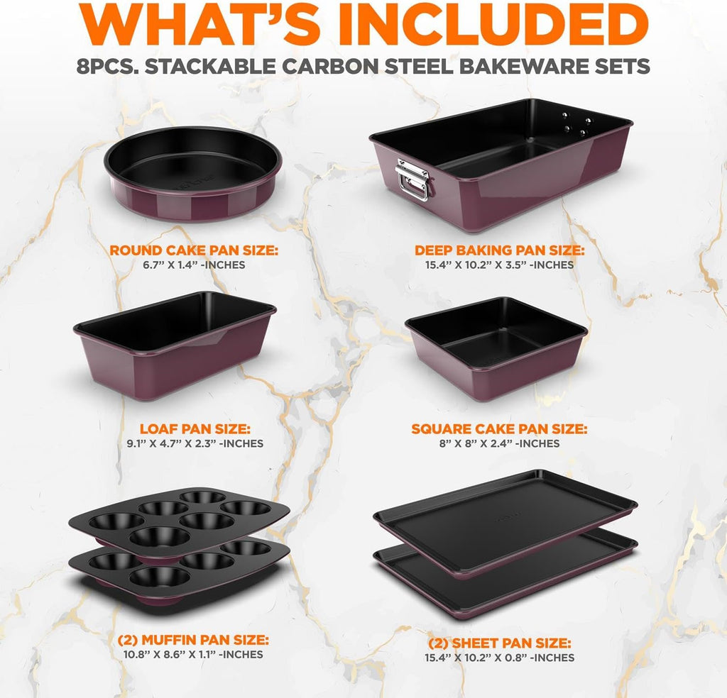 NutriChef 8-Piece Nonstick Stackable Bakeware Set - PFOA, PFOS, PTFE Free Baking Tray Set w/Non-Stick Coating, 450°F Oven Safe, Round Cake, Loaf, Muffin, Wide/Square Pans, Cookie Sheet (Plum)