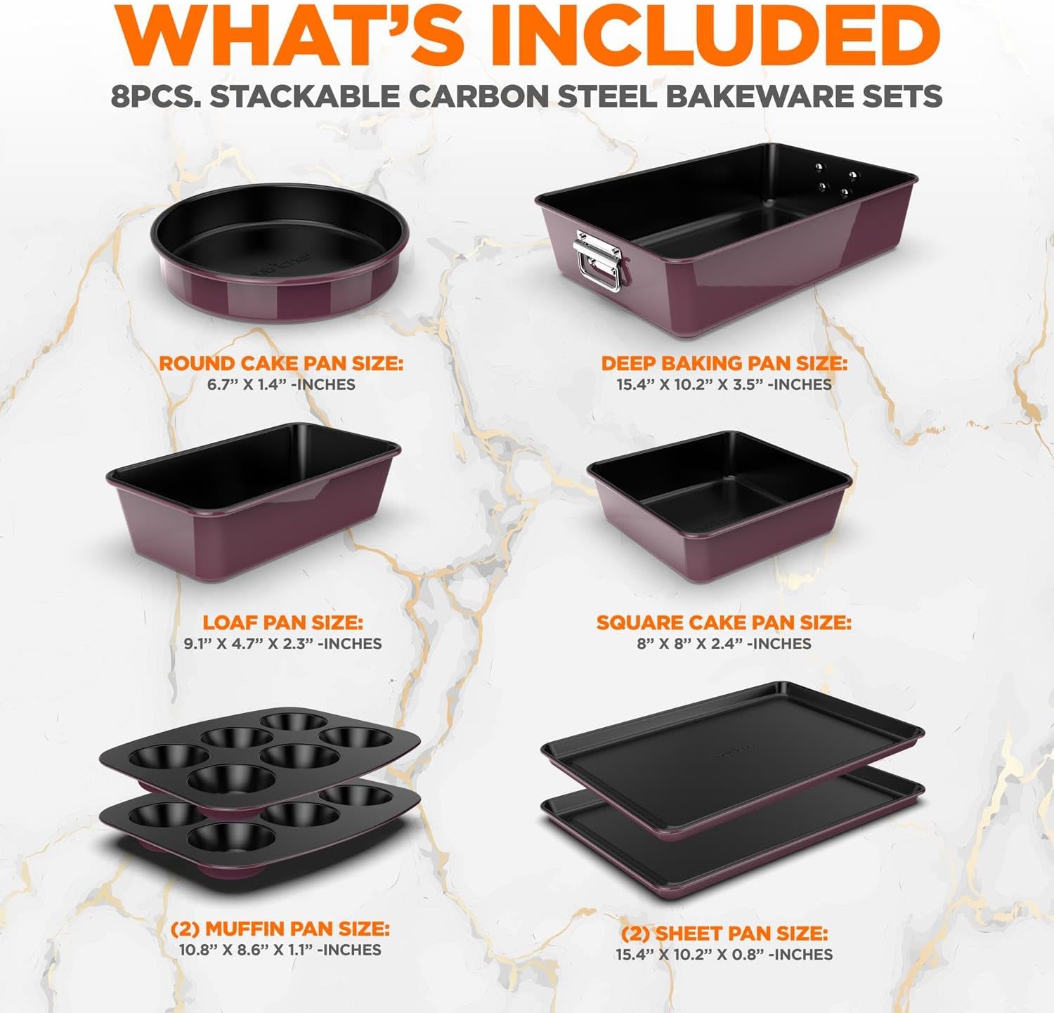 NutriChef 8-Piece Nonstick Stackable Bakeware Set - PFOA, PFOS, PTFE Free Baking Tray Set w/Non-Stick Coating, 450°F Oven Safe, Round Cake, Loaf, Muffin, Wide/Square Pans, Cookie Sheet (Plum)