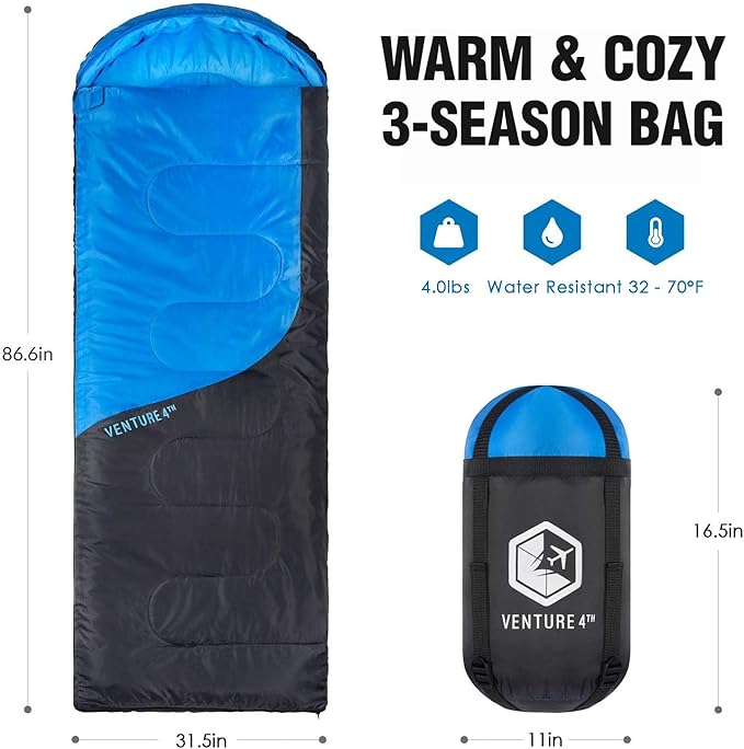 VENTURE 4TH Backpacking Sleeping Bag – XXL, Double and Single Sizes - Lightweight Warm & Cold Weather Sleeping Bags for Adults, Kids & Couples – Ideal for Hiking, Camping & Outdoor Adventures