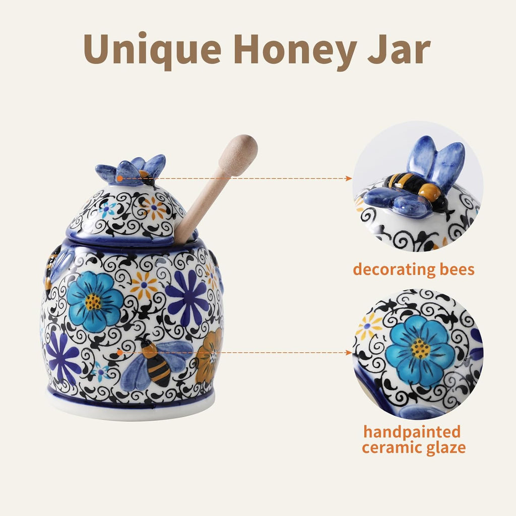 ZOOBEE 10oz Ceramic Honey Jar with Dipper Stick,Handpainted Honey Container for Storing Syrup,Small Mini Honey Pot with Bees,Disherwash Safe-Hidden Nook