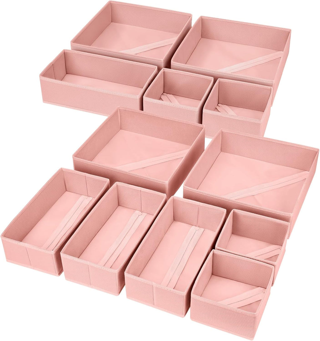 DIMJ Fabric Drawer Organizer Bins - 12 Pack Foldable Sock & Clothes Organizer - Pink