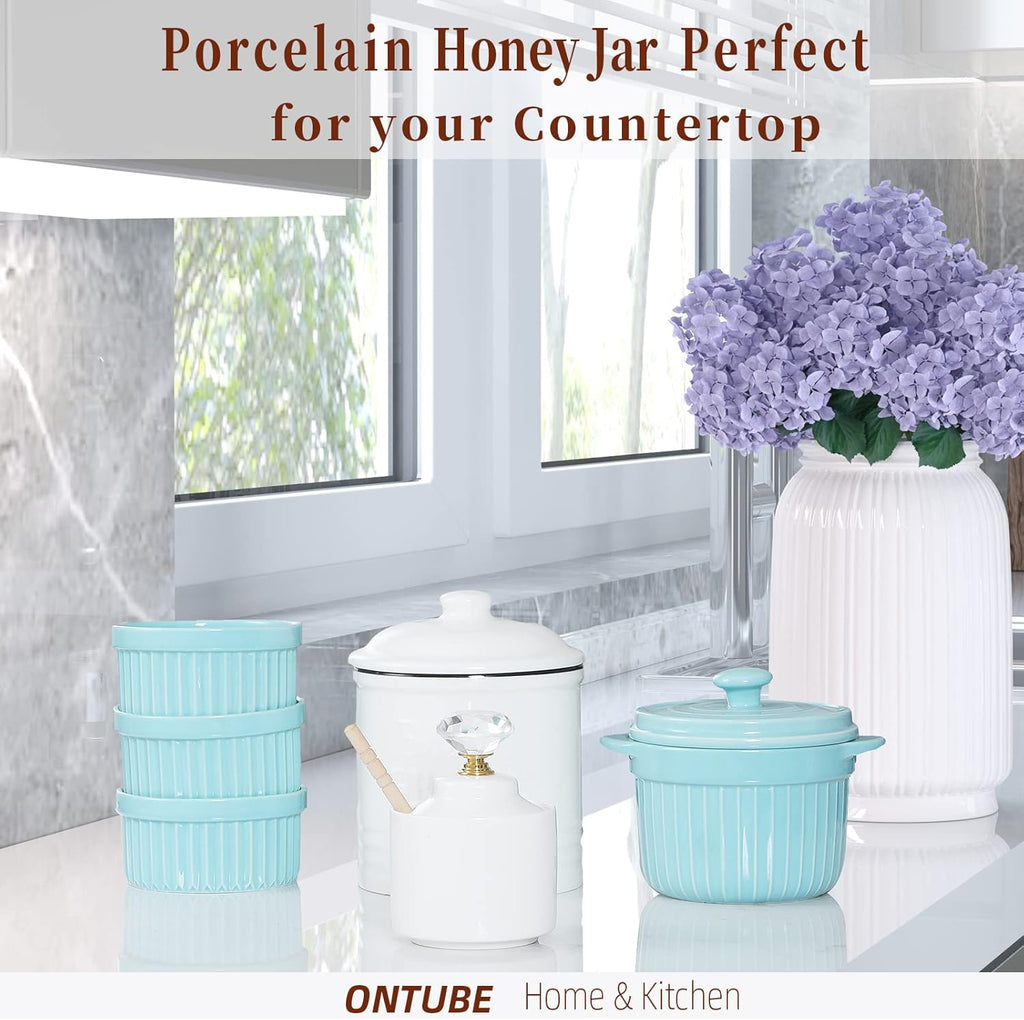 Ceramic Honey Jar with Dipper and Crystal Lid, Small Honey Pot for Home Kitchen, 8oz (Gold)