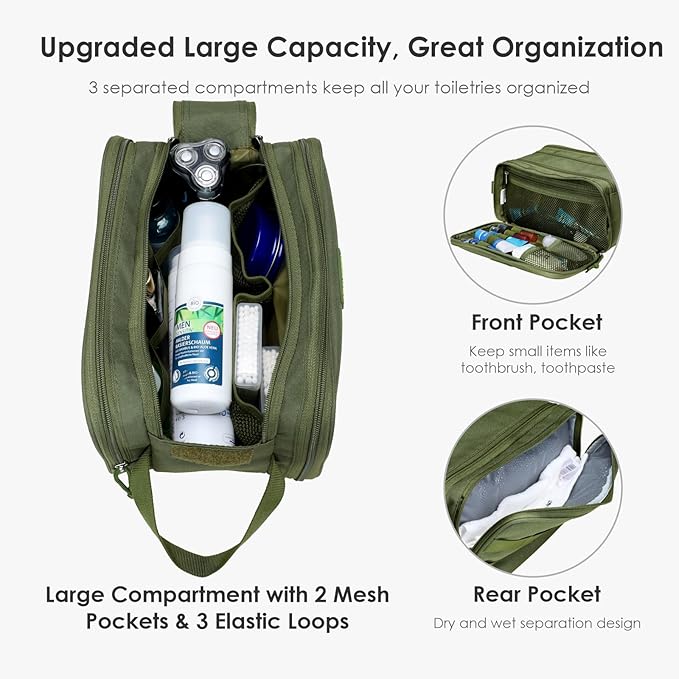 TACTICISM Toiletry Bag for Men - Extra Large Dry Wet Separate Travel Shaving Bag, Tactical Molle Dopp Kit for Men, Water-Resistant Mens Toiletry Bag for Travel, Green