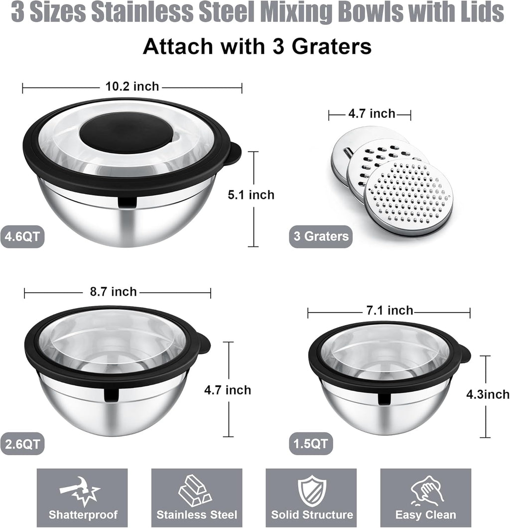 E-far Mixing Bowls with Lids and Graters, Stainless Steel Salad Mixing Bowl with Transparent Lid Set of 3, Metal Nesting Salad Storage for Kitchen Prepping/Serving/Baking, 4.6/2.6/1.5QT - Black